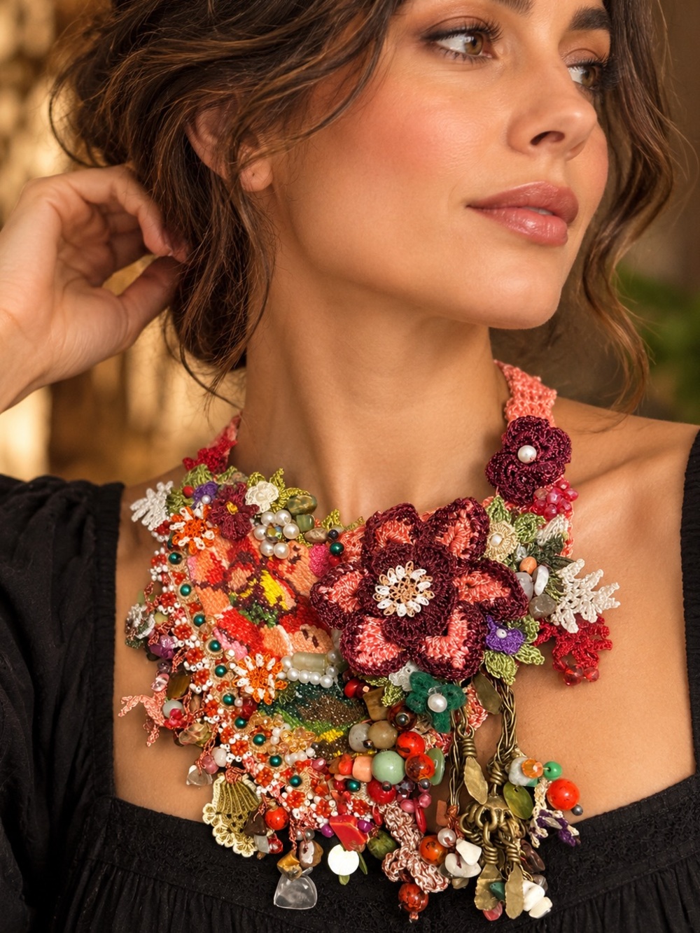 Handmade Mixed Media Crochet Floral Statement Bib Necklace